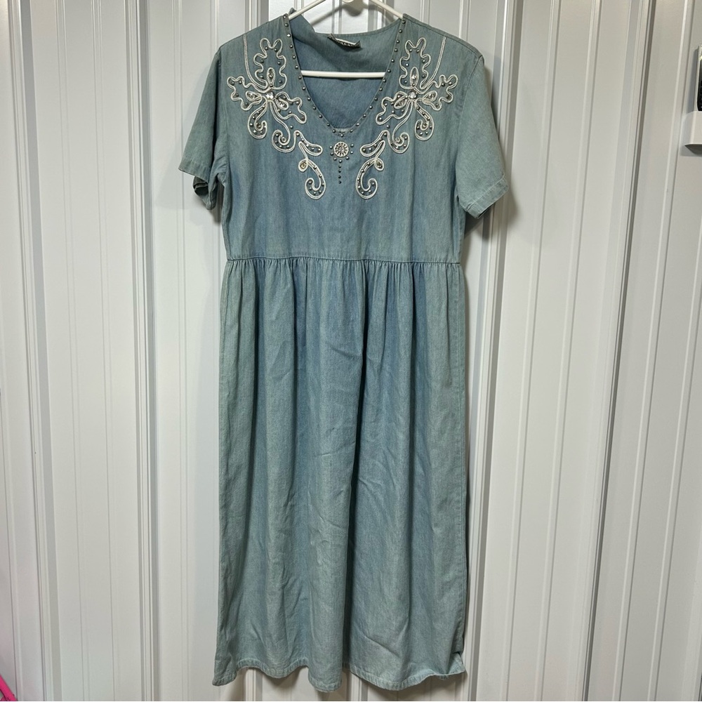 Vintage Women's Long Denim Dress Embroidered Rhinestones 1990s Western
